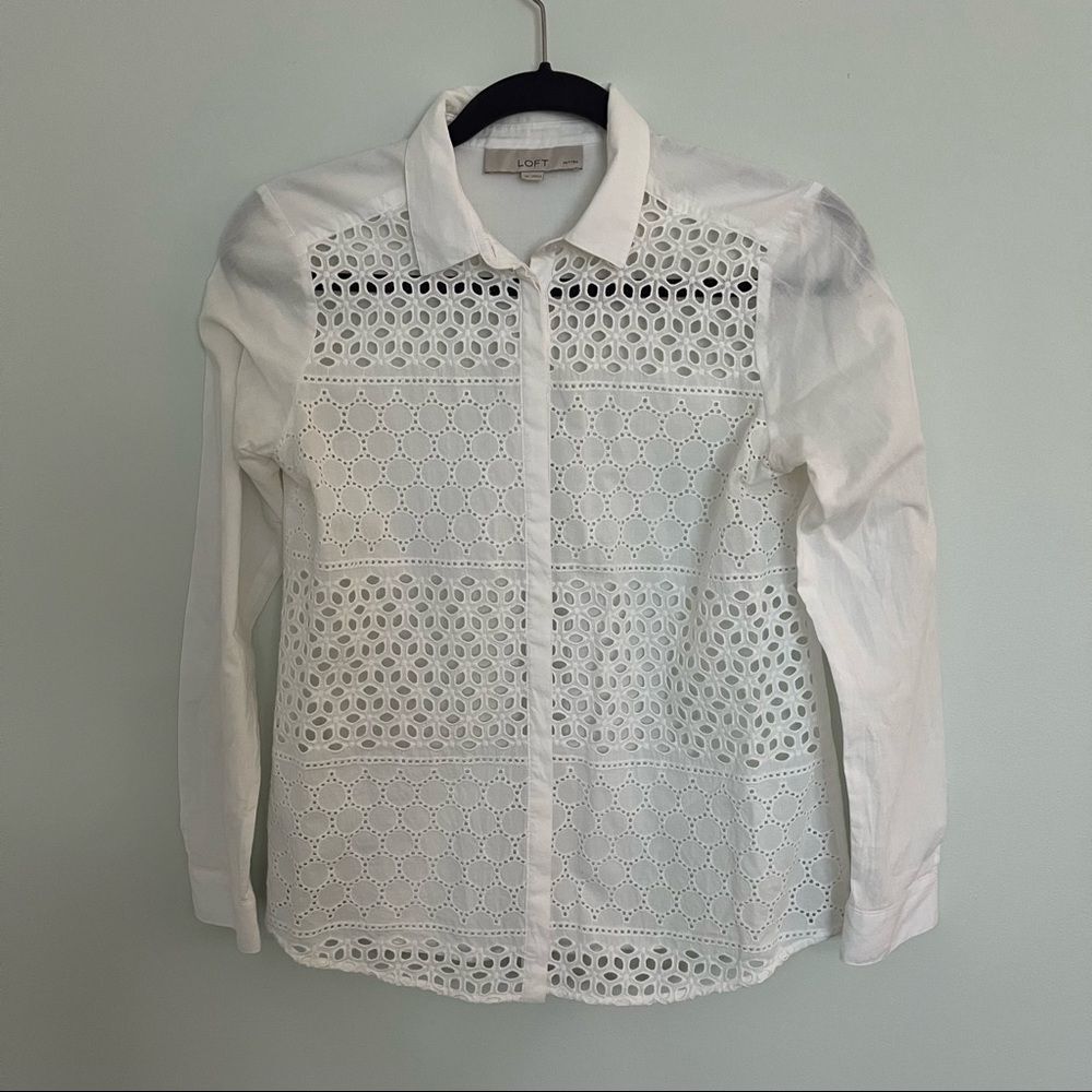 White Lace Cut Out Loft Button Down 100% Cotton